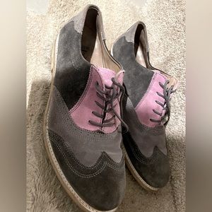 John Fluevog 12M. Charcoal grey, light grey and lilac.